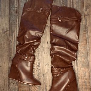 Knee High Cognac Buckle Boots- Faux Leather